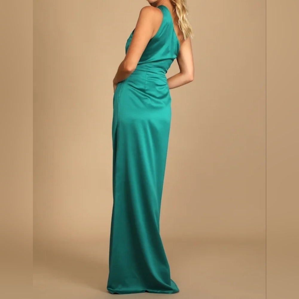 Lulus Dreaming of Elegance Dark Teal Satin One-Shoulder Maxi Dress, Size XL - Picture 3 of 10